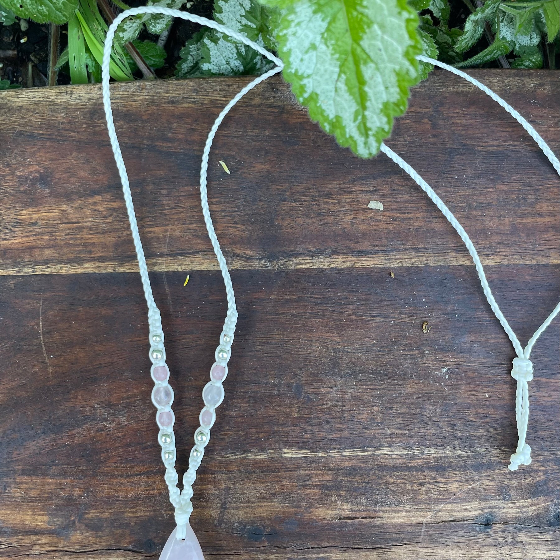 Rose Quartz Pendant, Tear drop, macrame Necklace, adjustable
