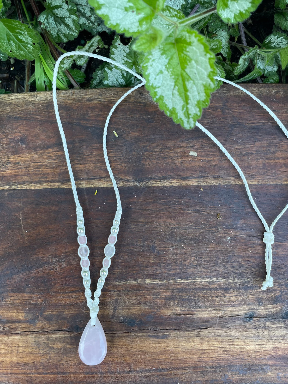 Rose Quartz Pendant, Tear drop, macrame Necklace, adjustable