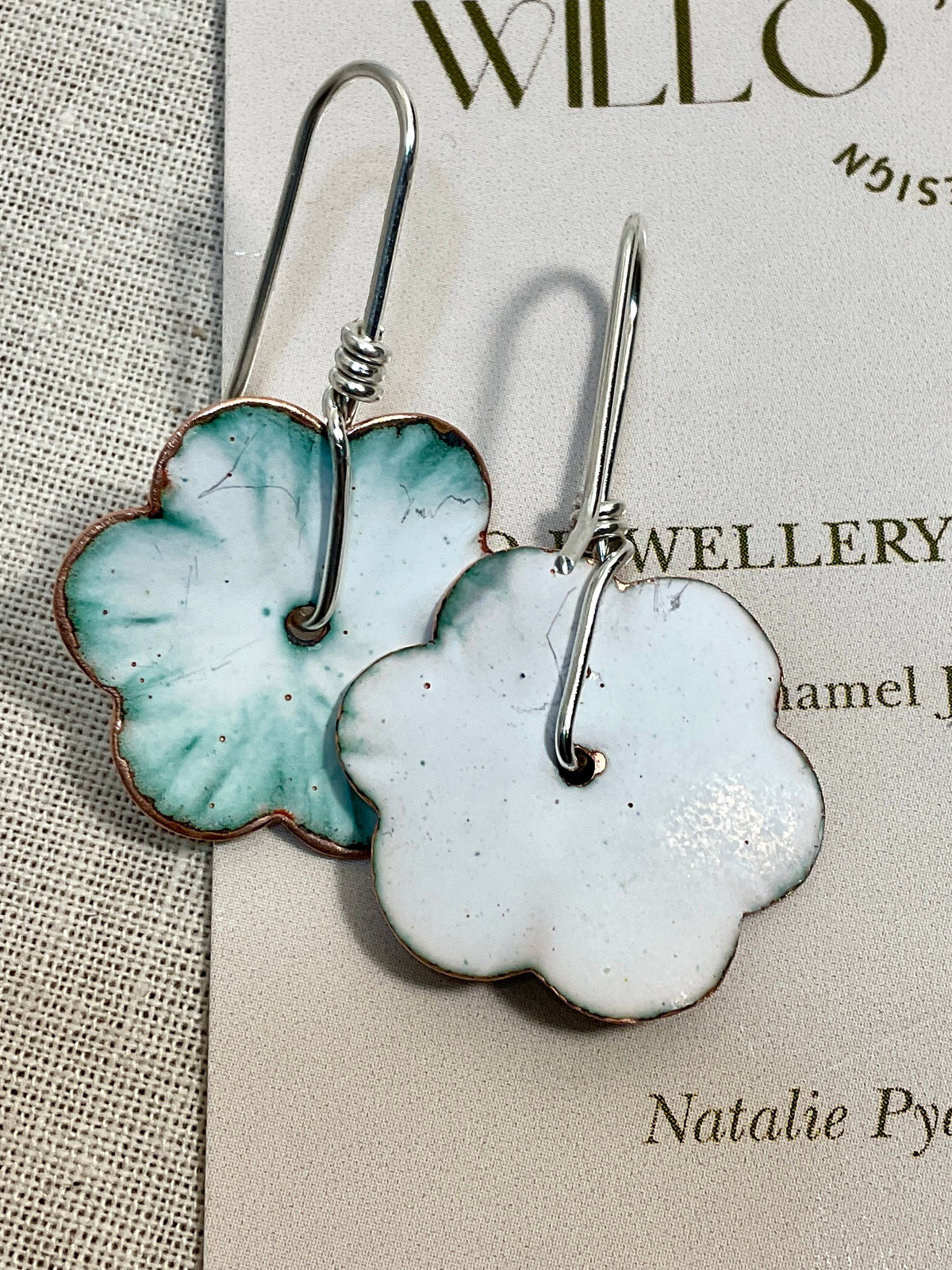Teal and white flowers. Enamel earrings