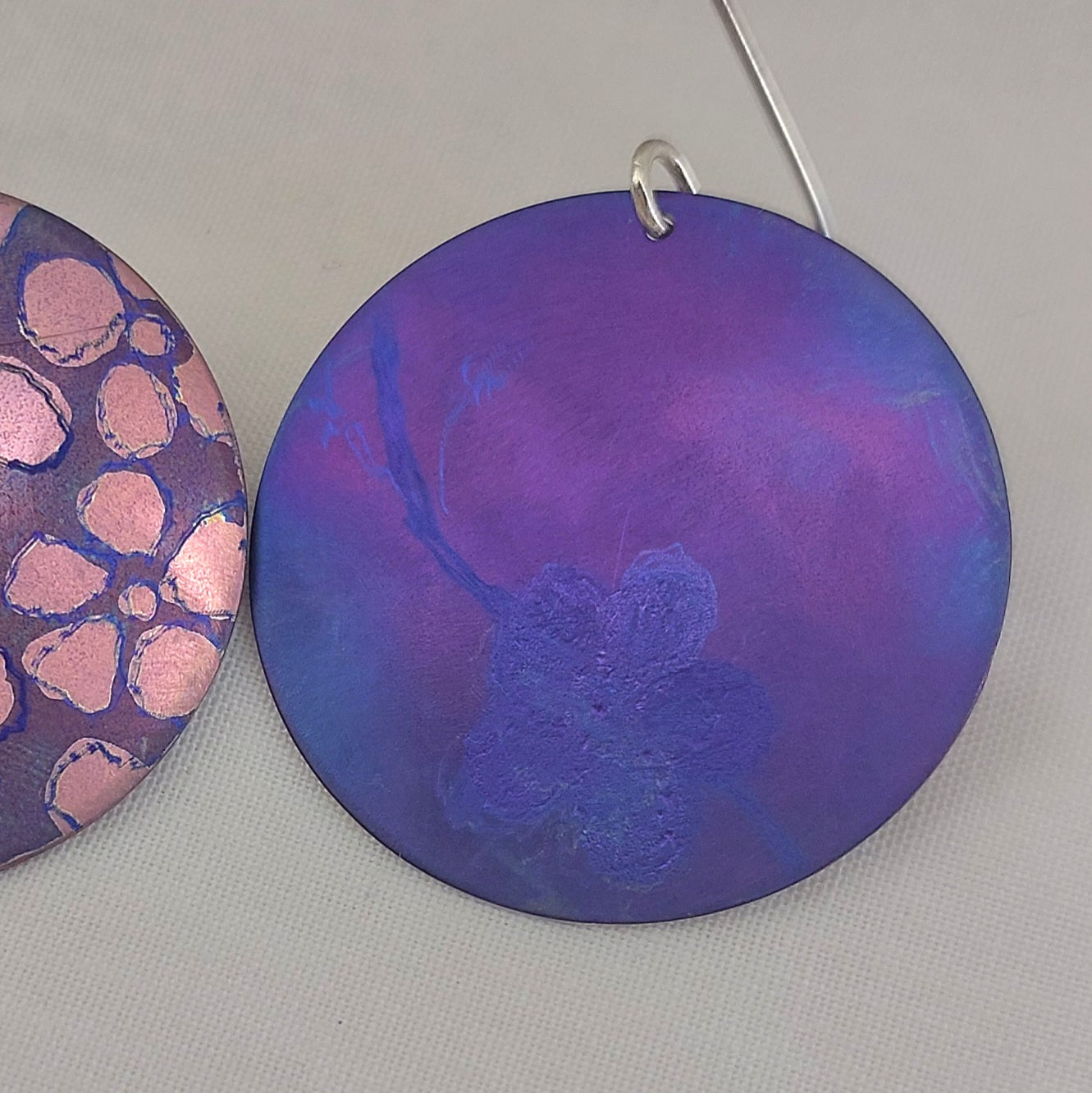 Titanium Disc Earrings with Leptospermum Design- purple, pink, blue