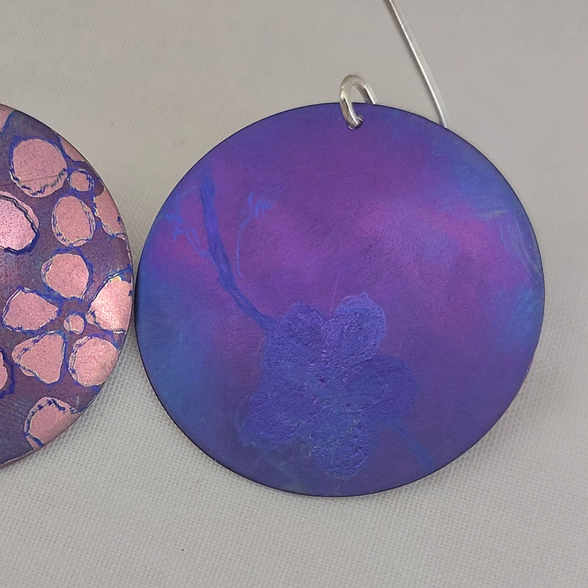 Titanium Disc Earrings with Leptospermum Design- purple, pink, blue