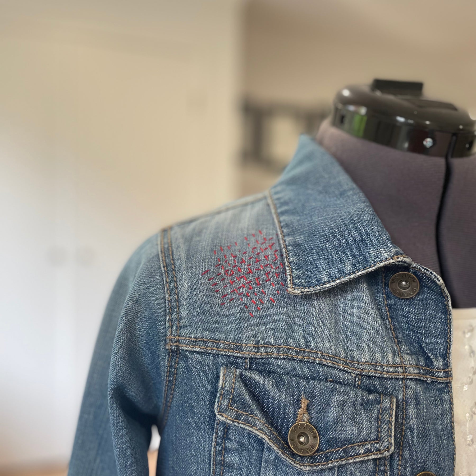 Hand Embroidered Sashiko Denim Jacket, Upcycled