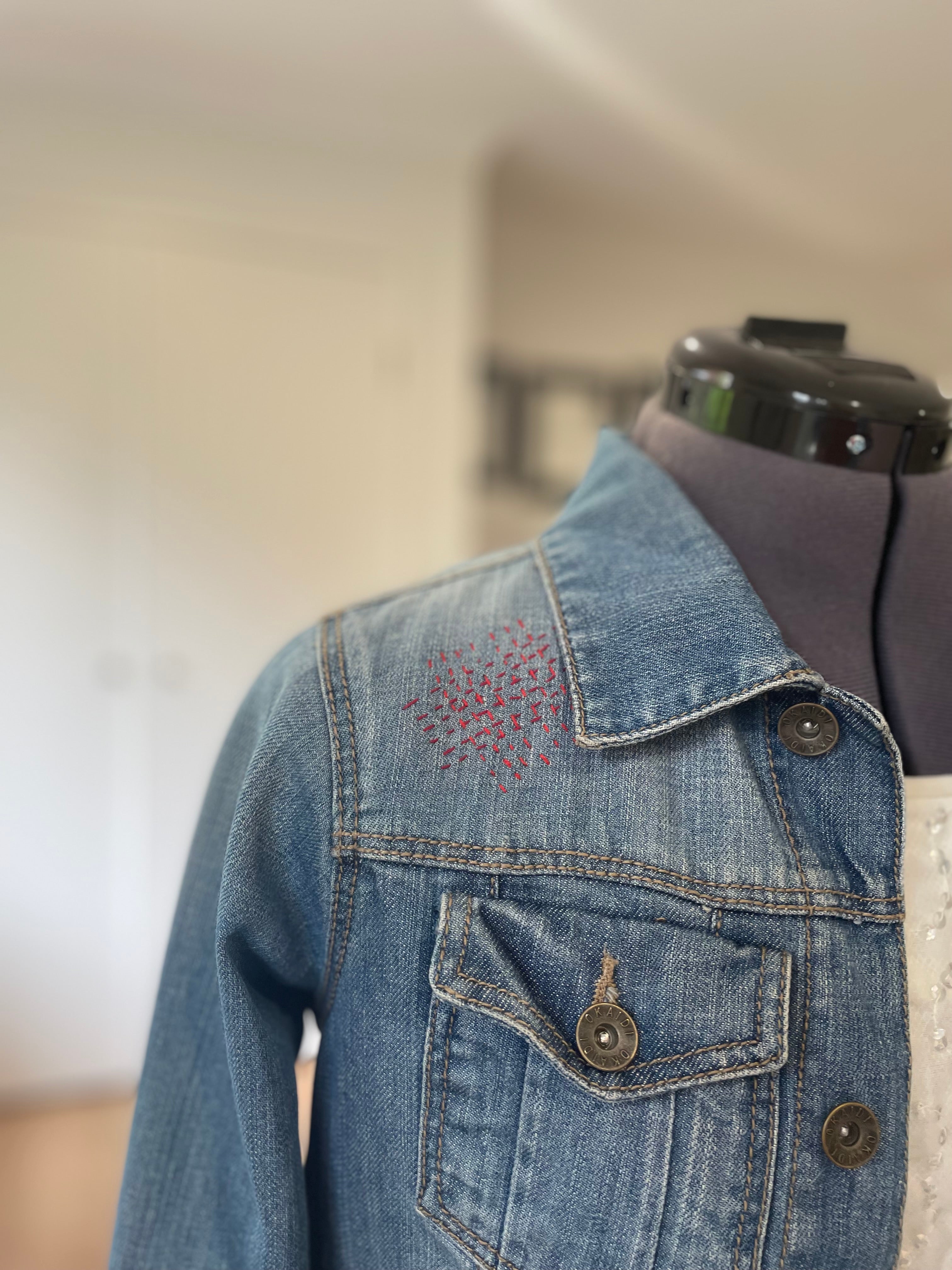 Hand Embroidered Sashiko Denim Jacket, Upcycled