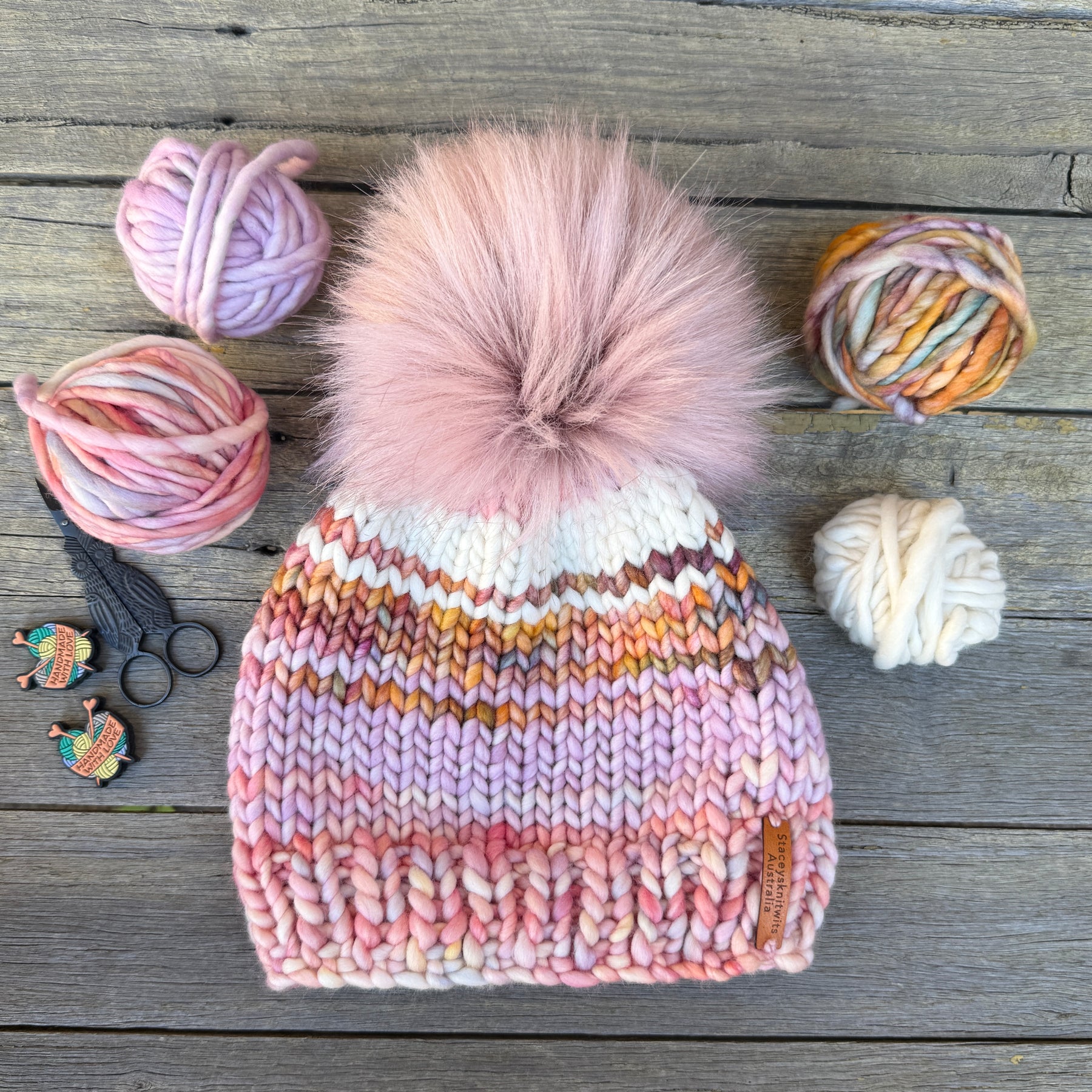 Luxurious Merino Beanie, Hand Knitted Colorful PomPom Beanie