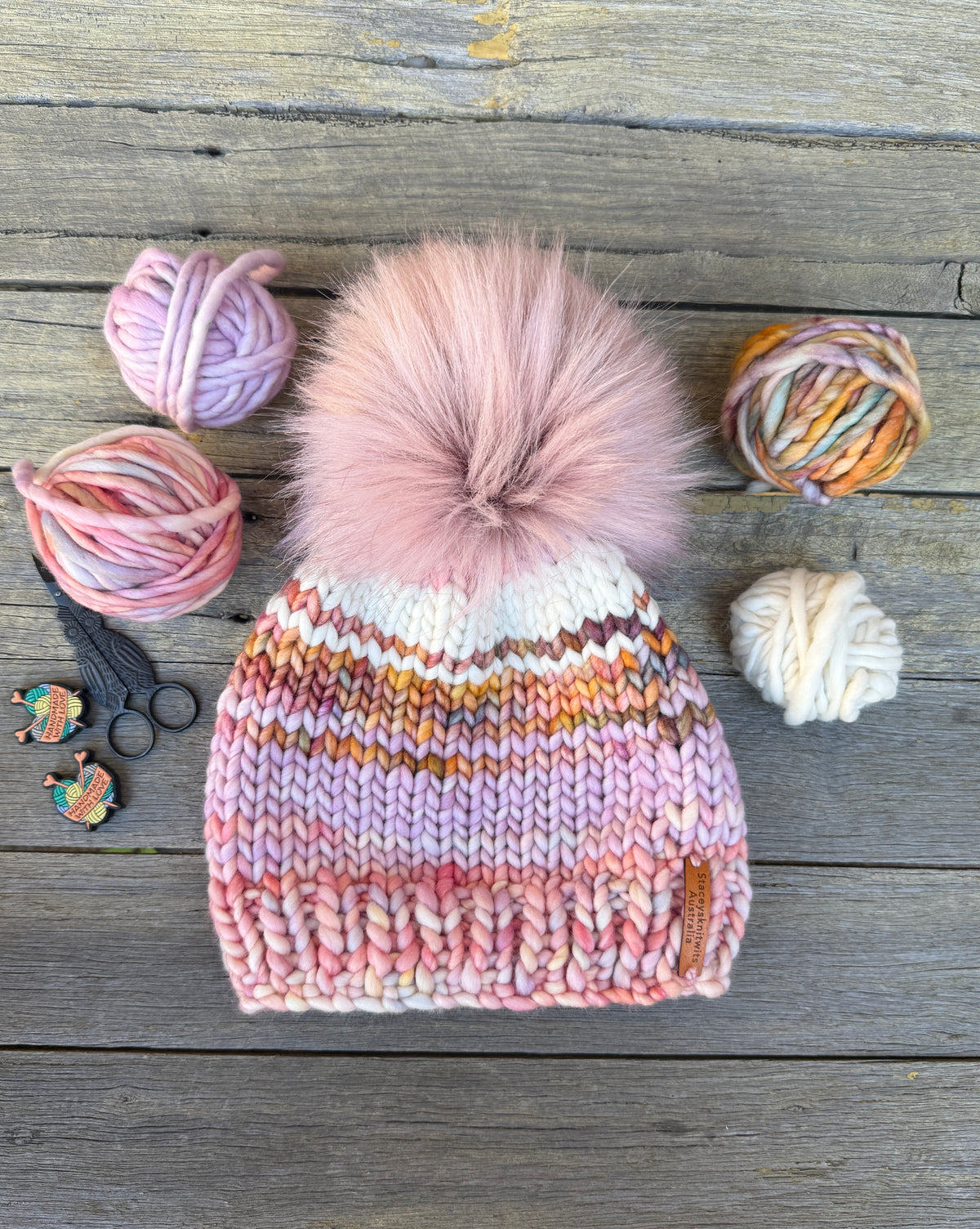 Luxurious Merino Beanie, Hand Knitted Colorful PomPom Beanie