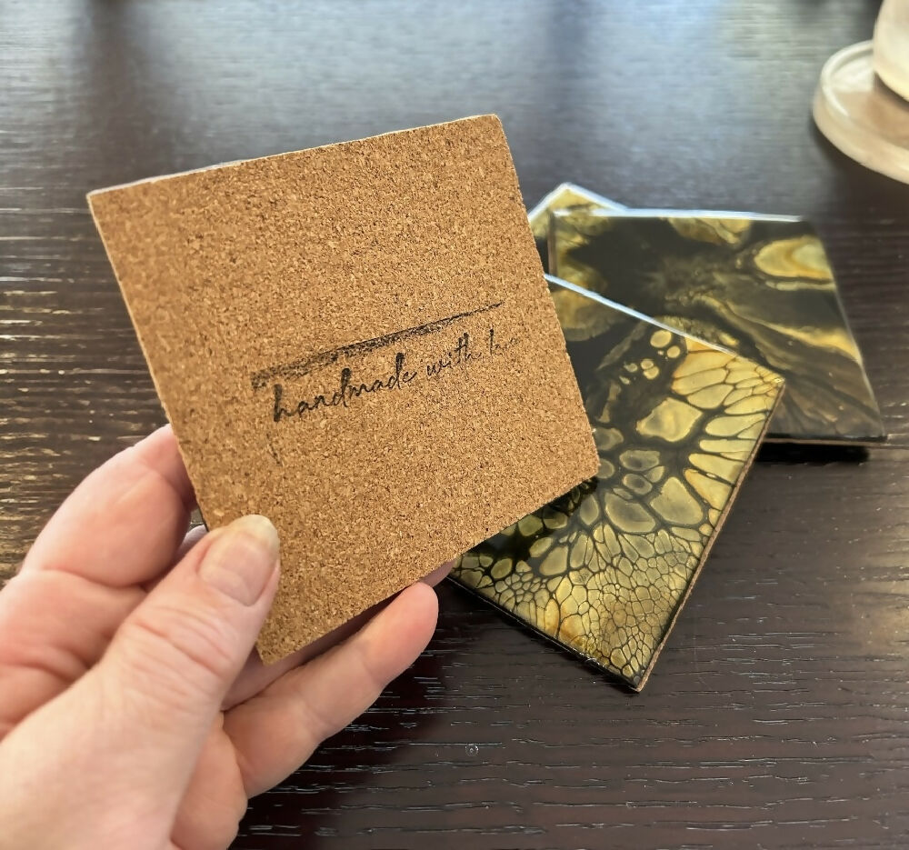 Fluid Art/Resin Drink Coasters (Set of 2) Black/Gold