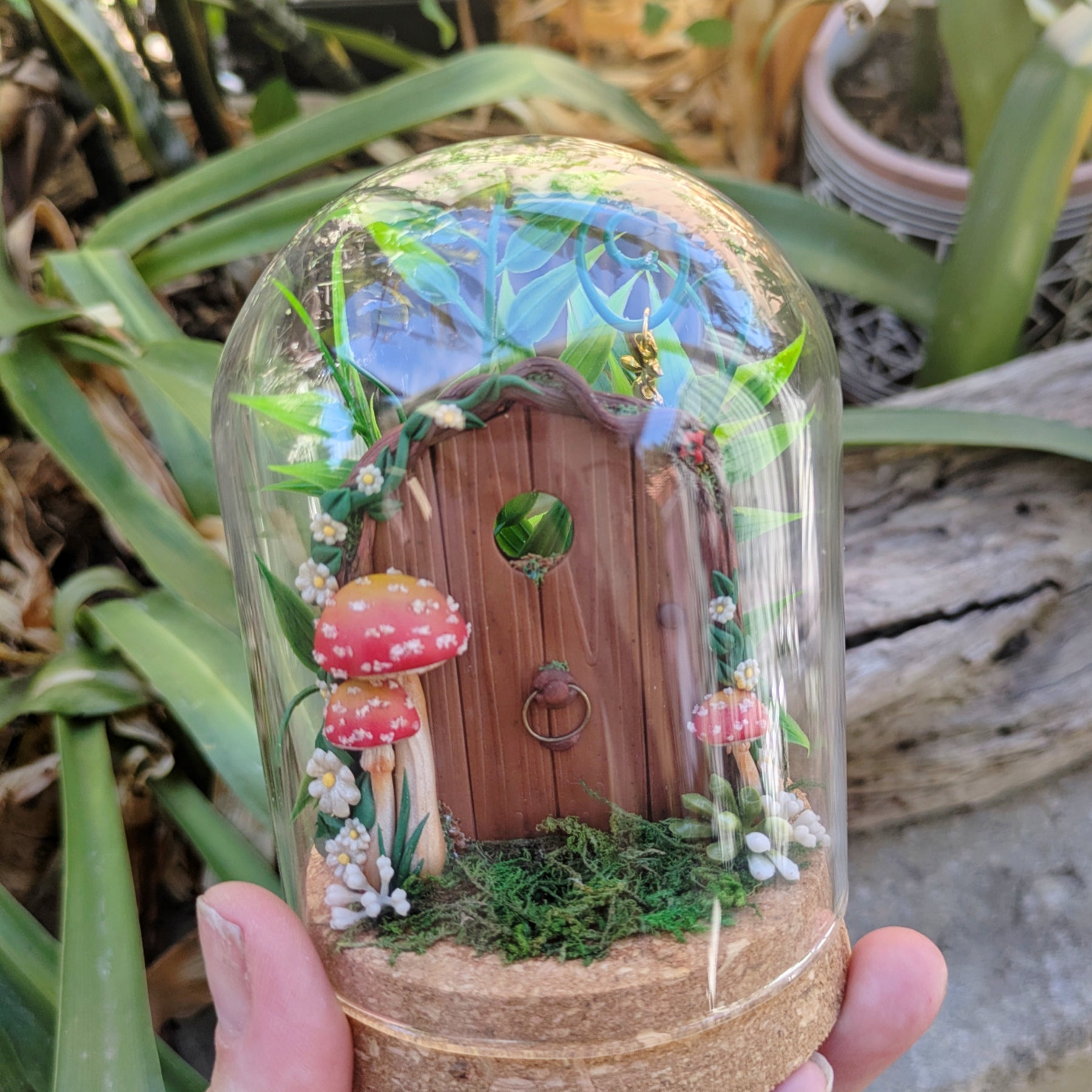 Hand Sculpted Woodland Fairy Door in Glass Dome