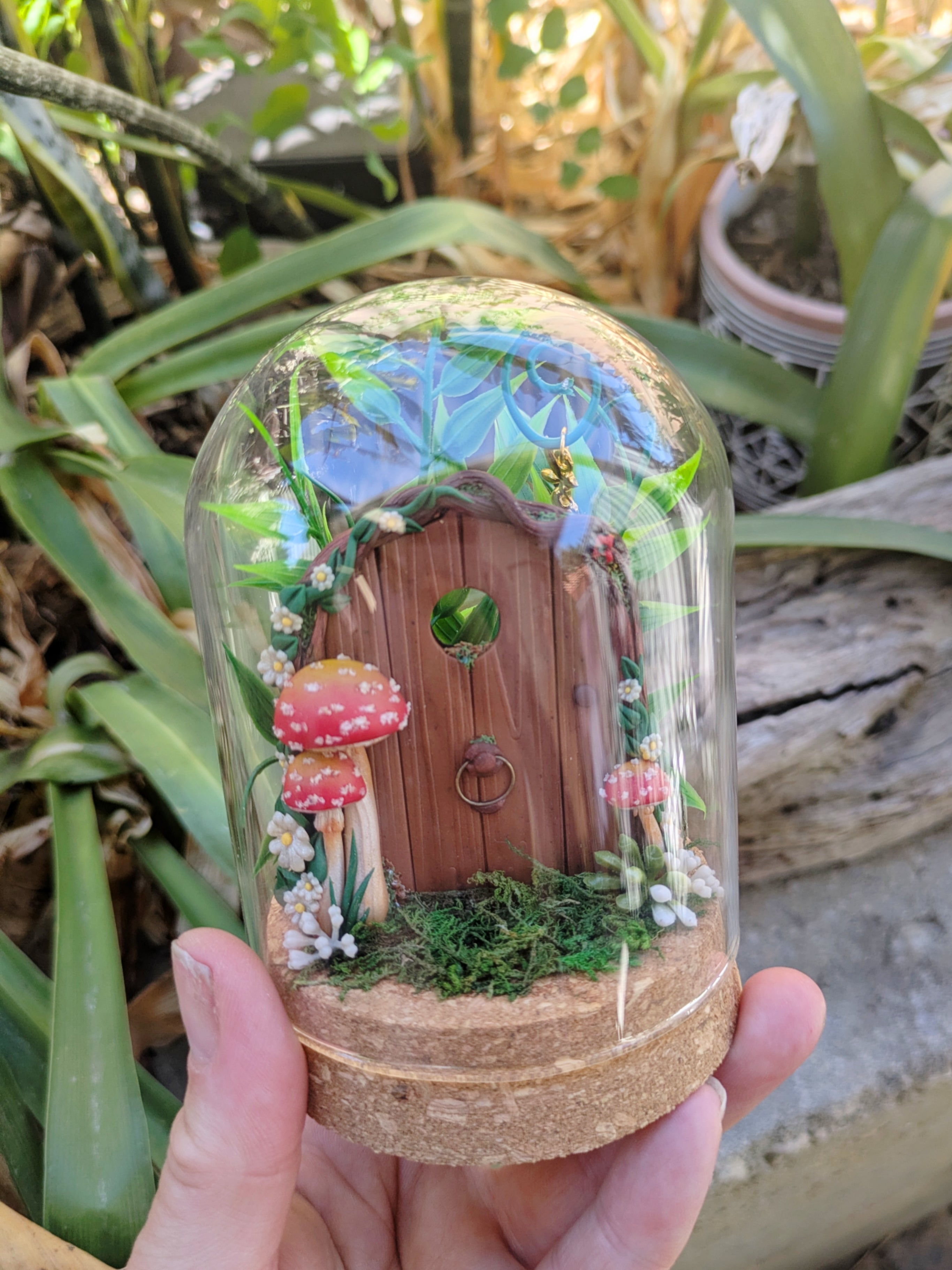 Hand Sculpted Woodland Fairy Door in Glass Dome
