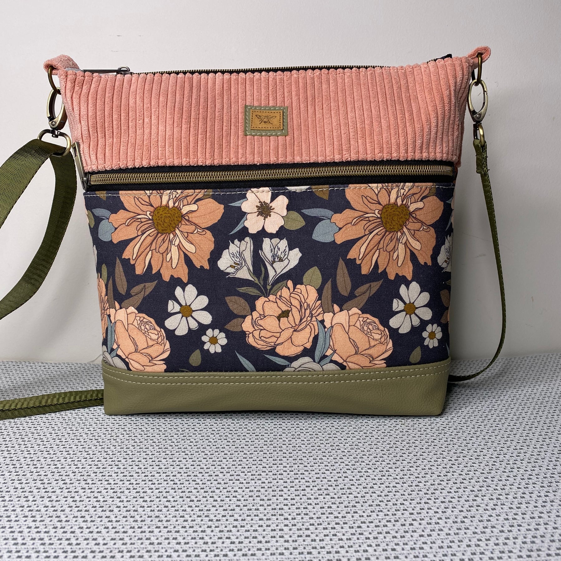 Lola Crossbody Bag - Pink Roses & Pink Corduroy Fabric with Olive Green Faux Leather Base