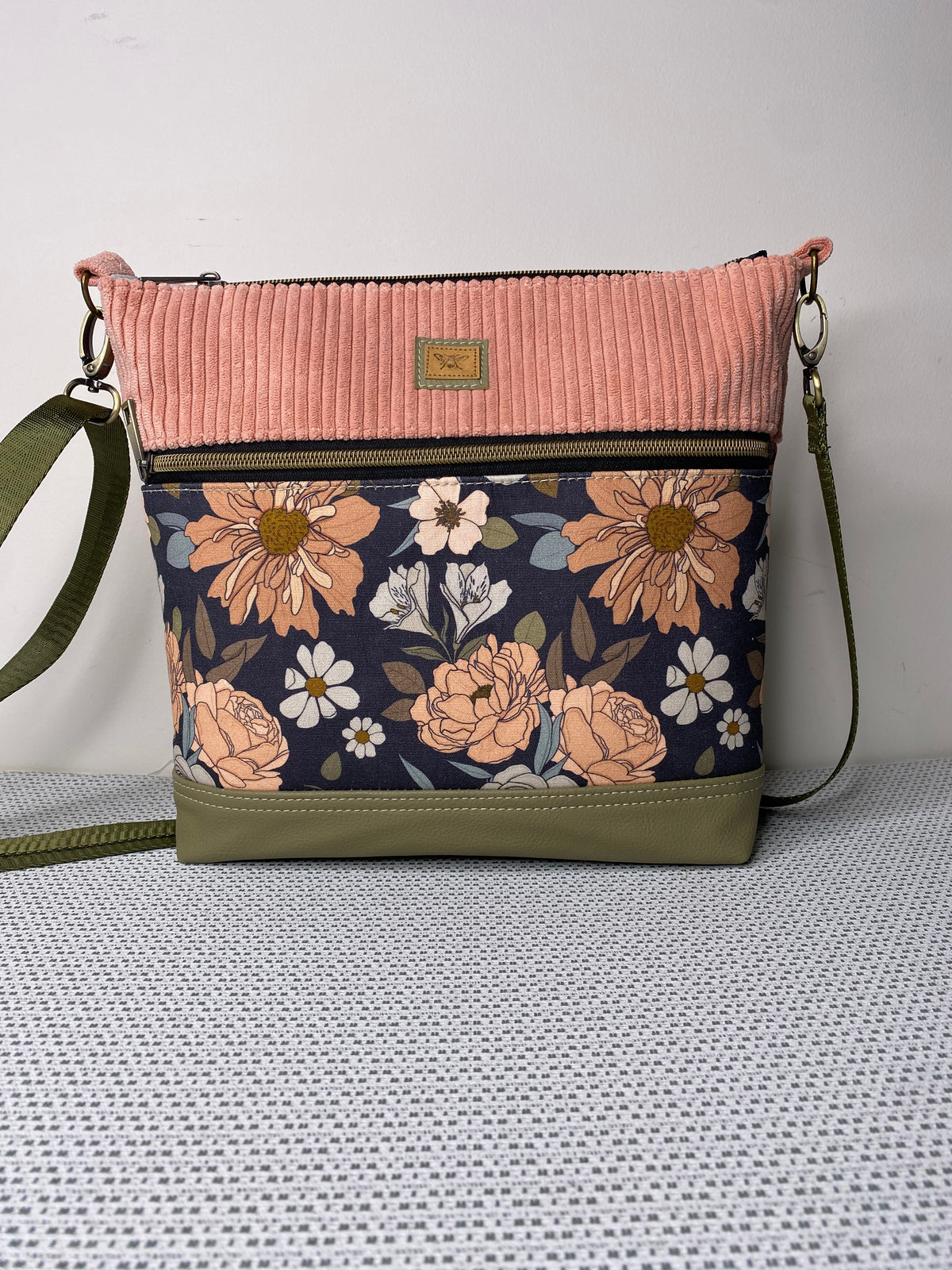 Lola Crossbody Bag - Pink Roses & Pink Corduroy Fabric with Olive Green Faux Leather Base