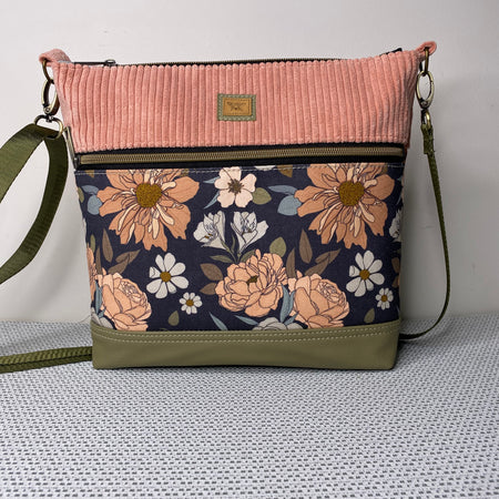 Lola Crossbody Bag - Pink Roses & Pink Corduroy Fabric with Olive Green Faux Leather Base