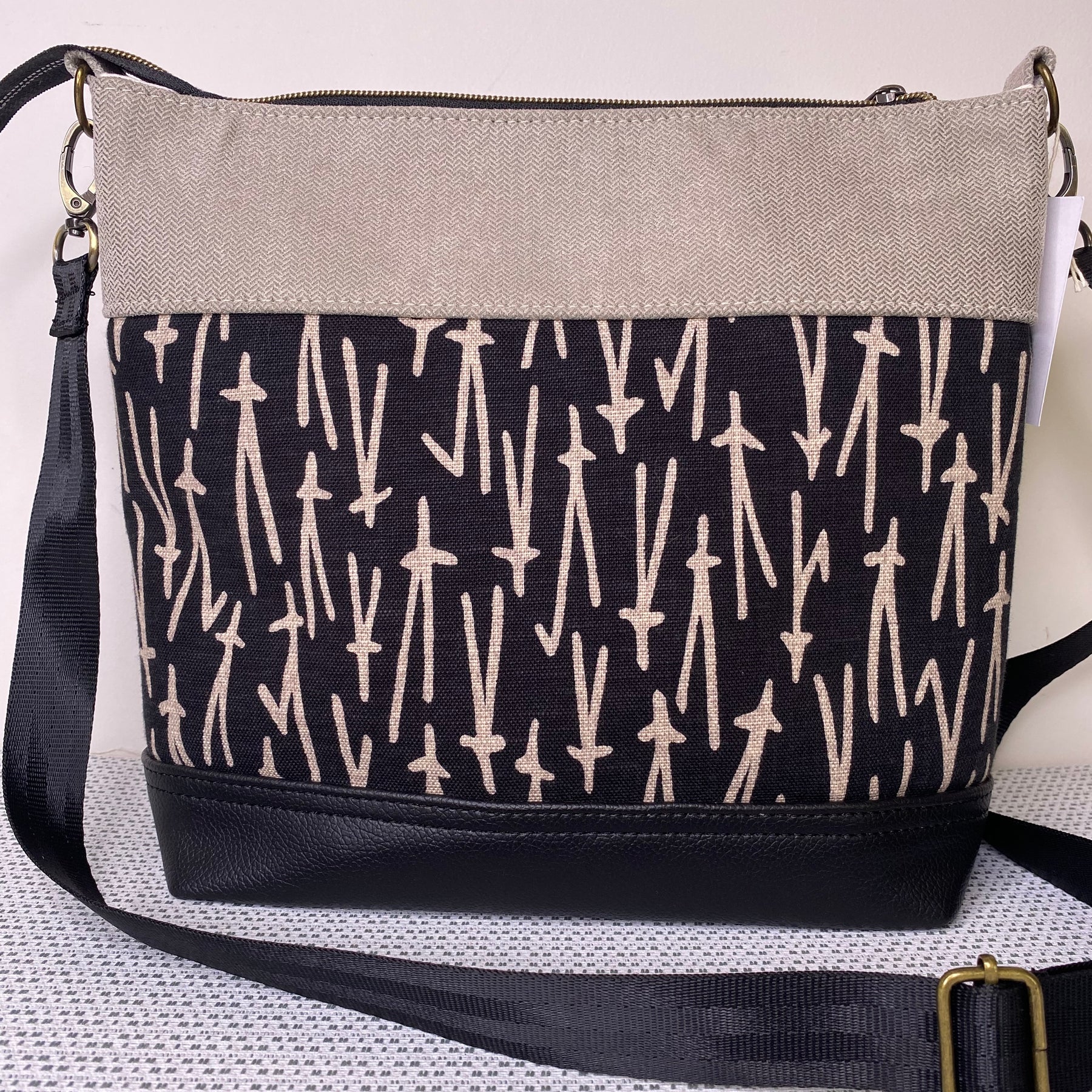 Lola Crossbody Bag - Contemporary Brown Print and Beige Fabric with Dark BrownFaux Leather Base
