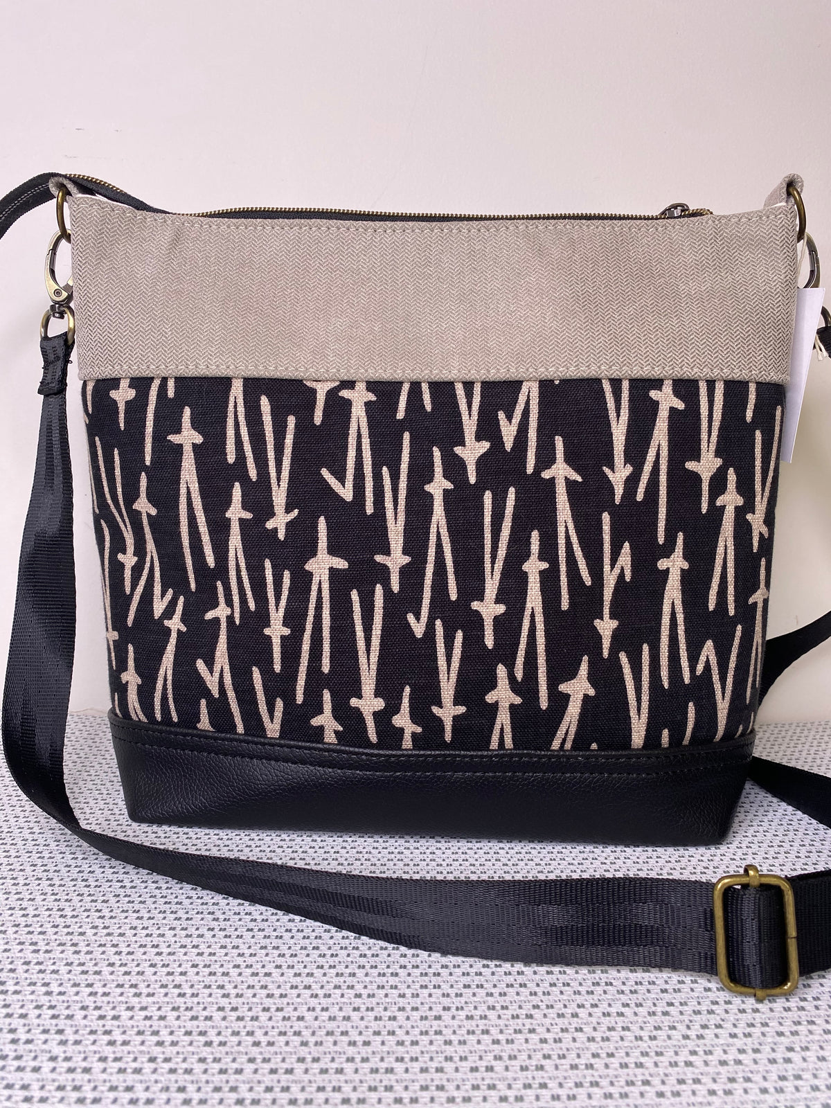 Lola Crossbody Bag - Contemporary Brown Print and Beige Fabric with Dark BrownFaux Leather Base