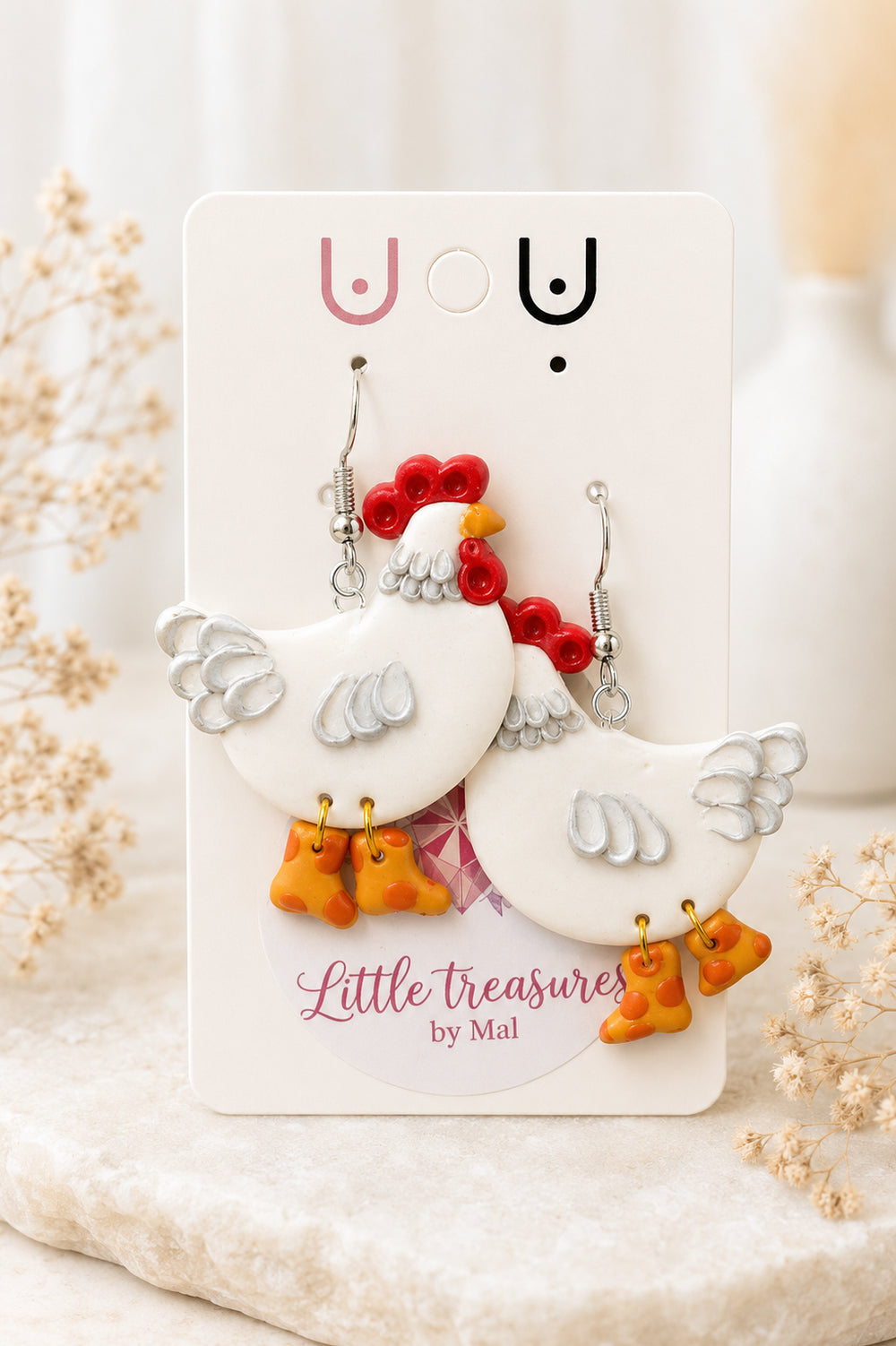 Handmade chicken earrings