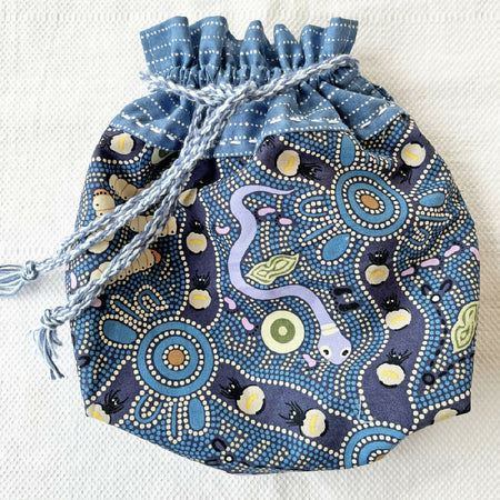 Australiana: aboriginal art fabric Kinchaku (drawstring) bags. International friend gift.