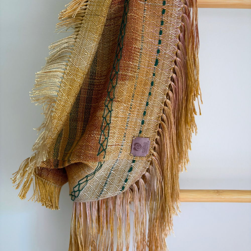 silk-cowl-gold-green-stitching-draped-ladder-closeup-handwoven-entangled-happiness-handwovens