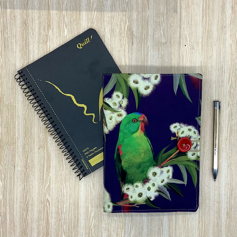 Australian Parrots Birds refillable A5 fabric notebook cover gift set - Incl. book and pen.