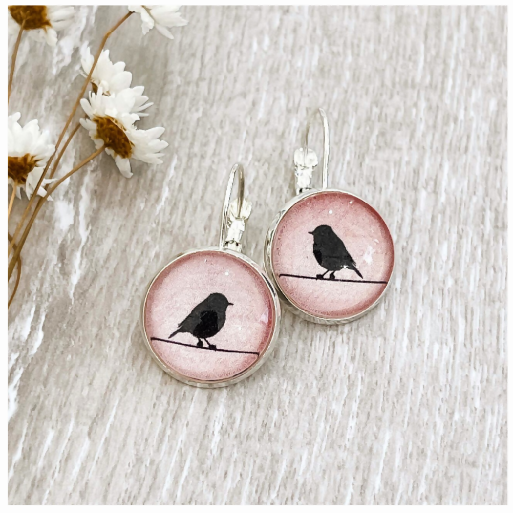 Pink Earrings with Blackbird Made with Paper and Glass