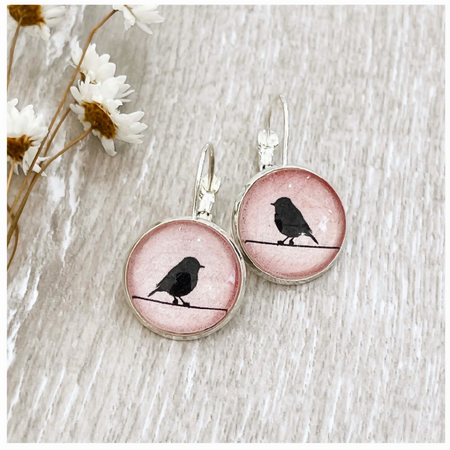 Pink Earrings with Blackbird Made with Paper and Glass