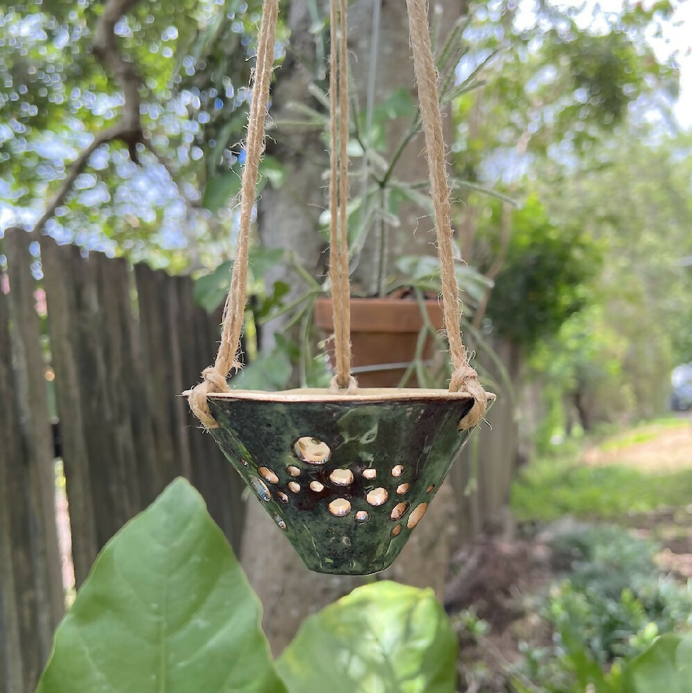 Wide hanging cone pot lifestyle