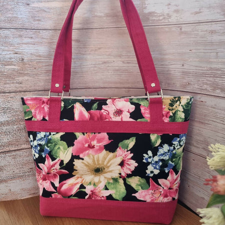 Upcycled tote - bright florals on black with magenta contrast