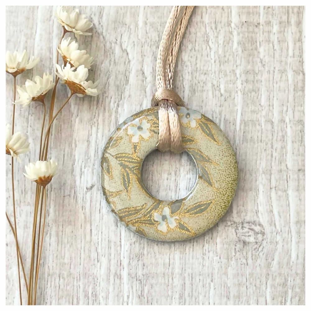 Cream and Gold Japanese Paper Necklace • Adjustable Cord