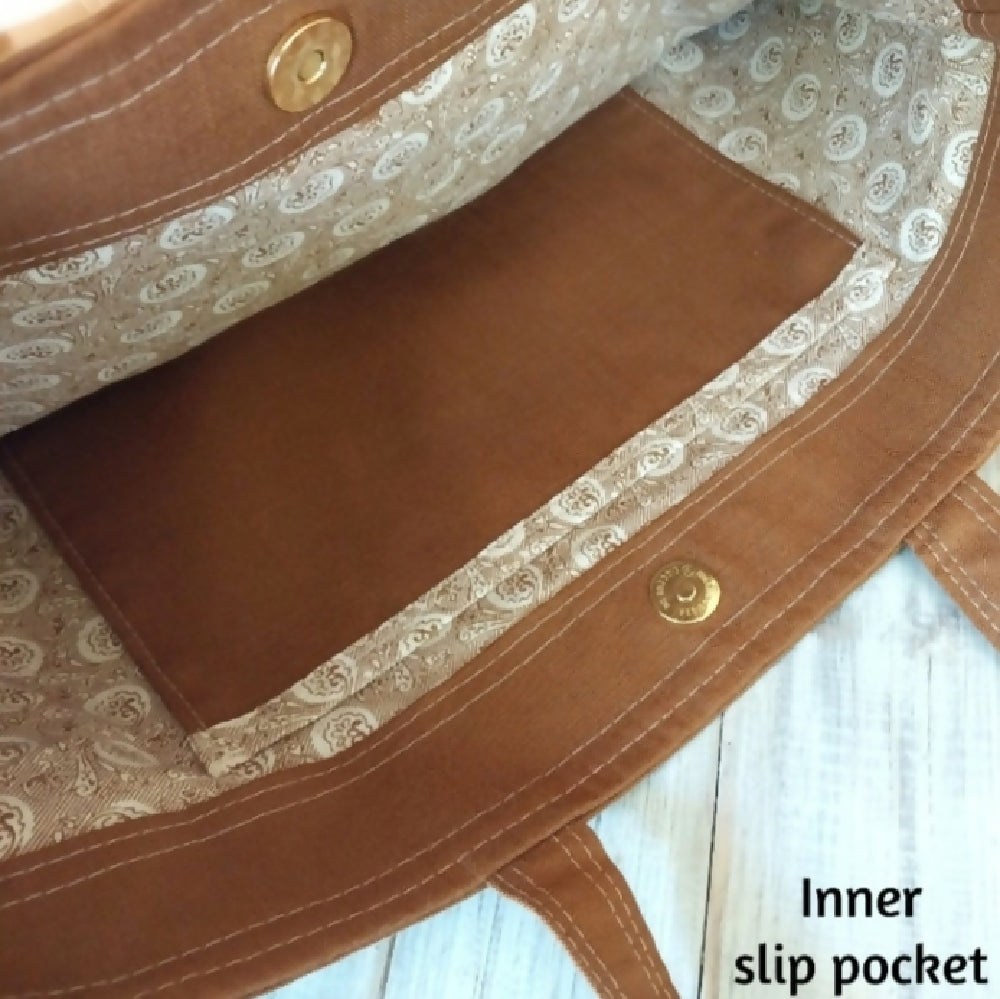 Caramel cotton shoulder bag - Divided pockets, magnetic closure - Handmade bag