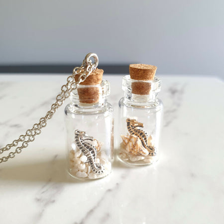 Tiny Seahorse & Natural Shell Beach bottle Pendant