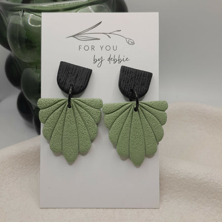 Black and olive green fan polymer clay earrings- hypoallergenic