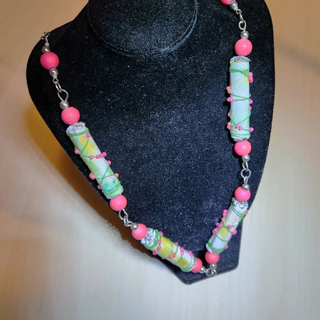 Beaded necklace. Paper bead wire wrapped green and pink