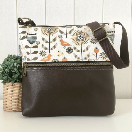 Zipper Bag in Dark Brown Leather and Scandi Meadow Fabric