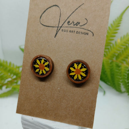 Wood Stud Earrings with Batiked Sunflower Eggshell