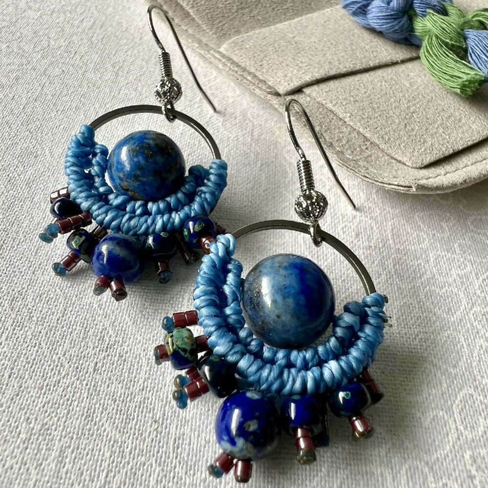 Blue Planet Micro Macrame Earrings - Lapiz Lazuli & Miyuki +Free Microfibre Pouch