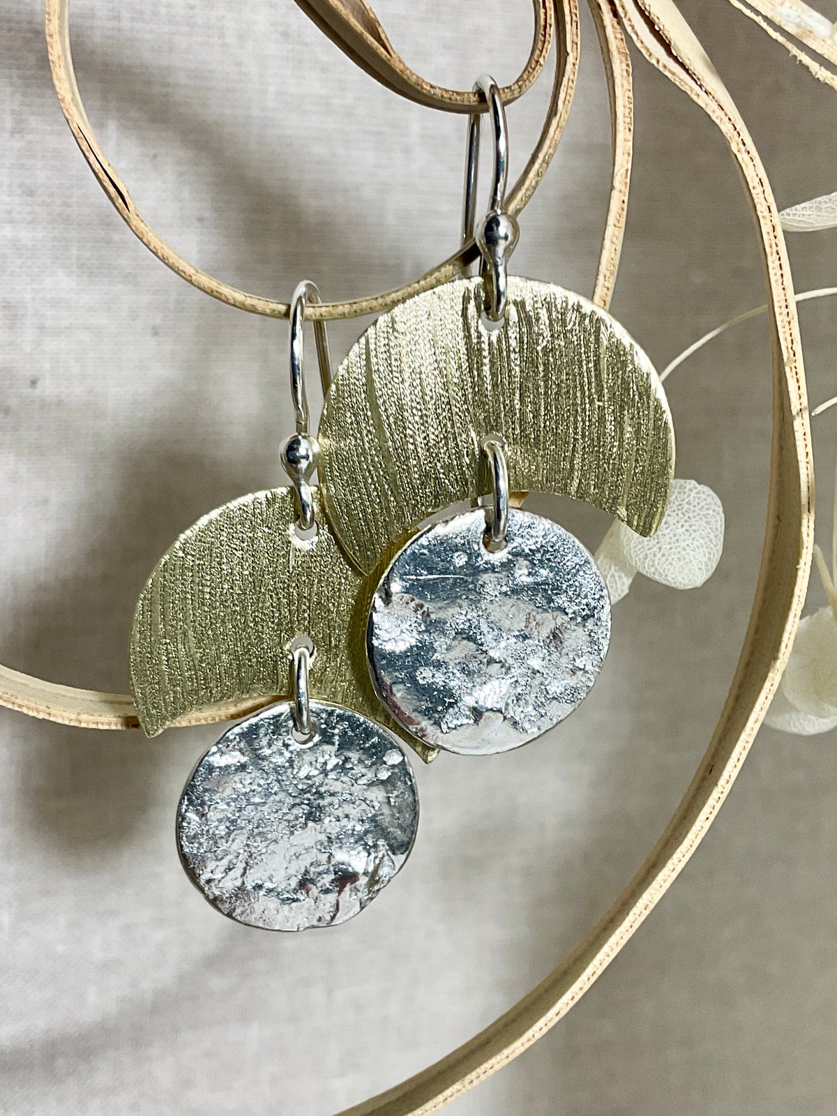 Moon Craters. Brass and silver earrings. Handmade