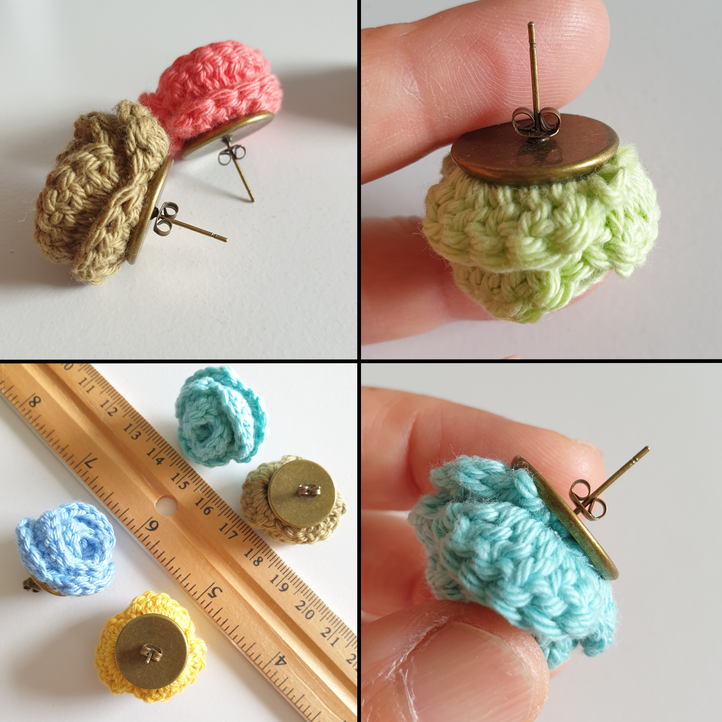 Small Hand Knitted Small Crochet Rose Flower Stud earrings : Blue White Gray