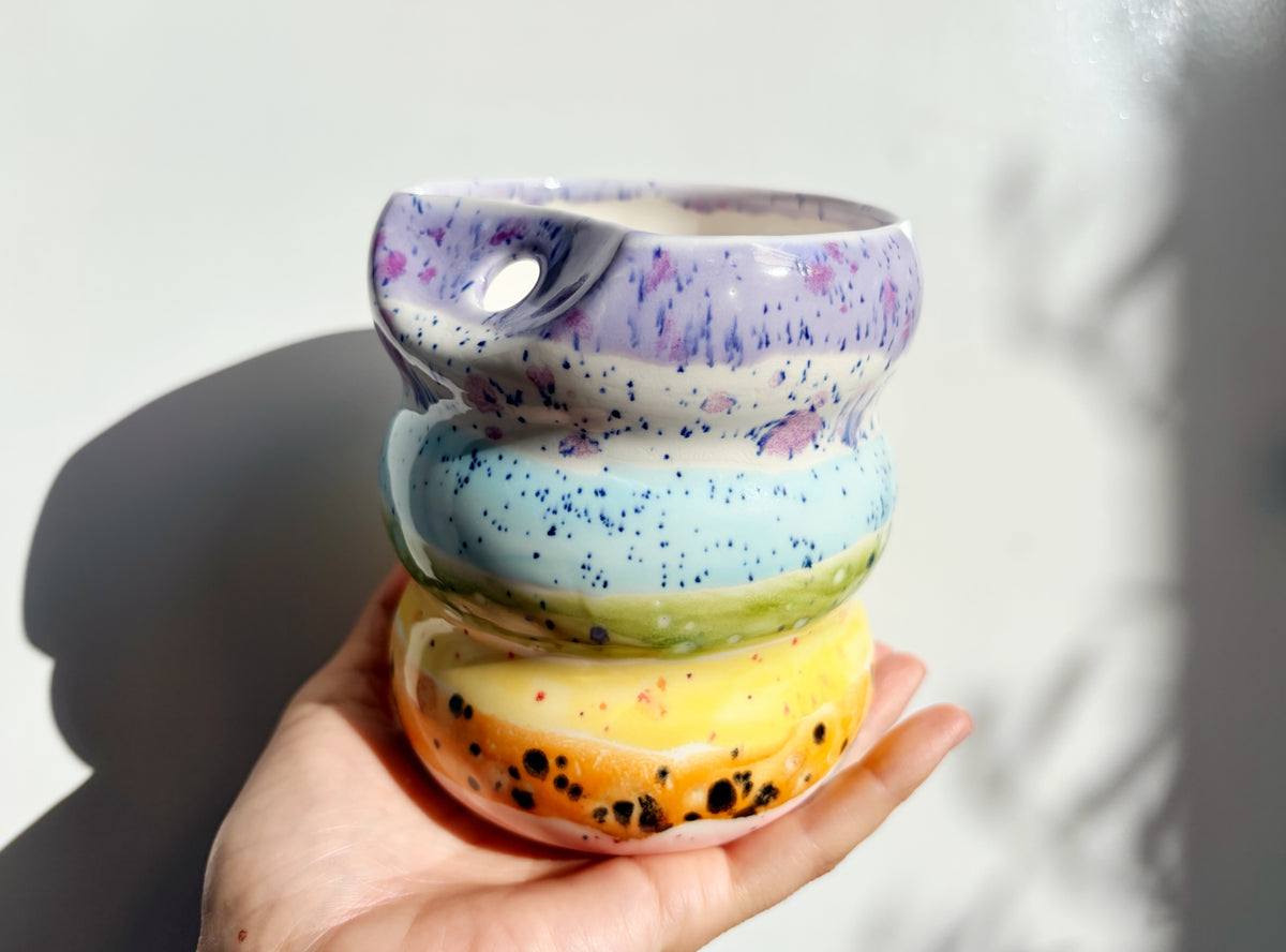 Handcrafted Porcelain Tumbler with Silicon Straw, 600mL Bubble Cup in Rainbow Glaze