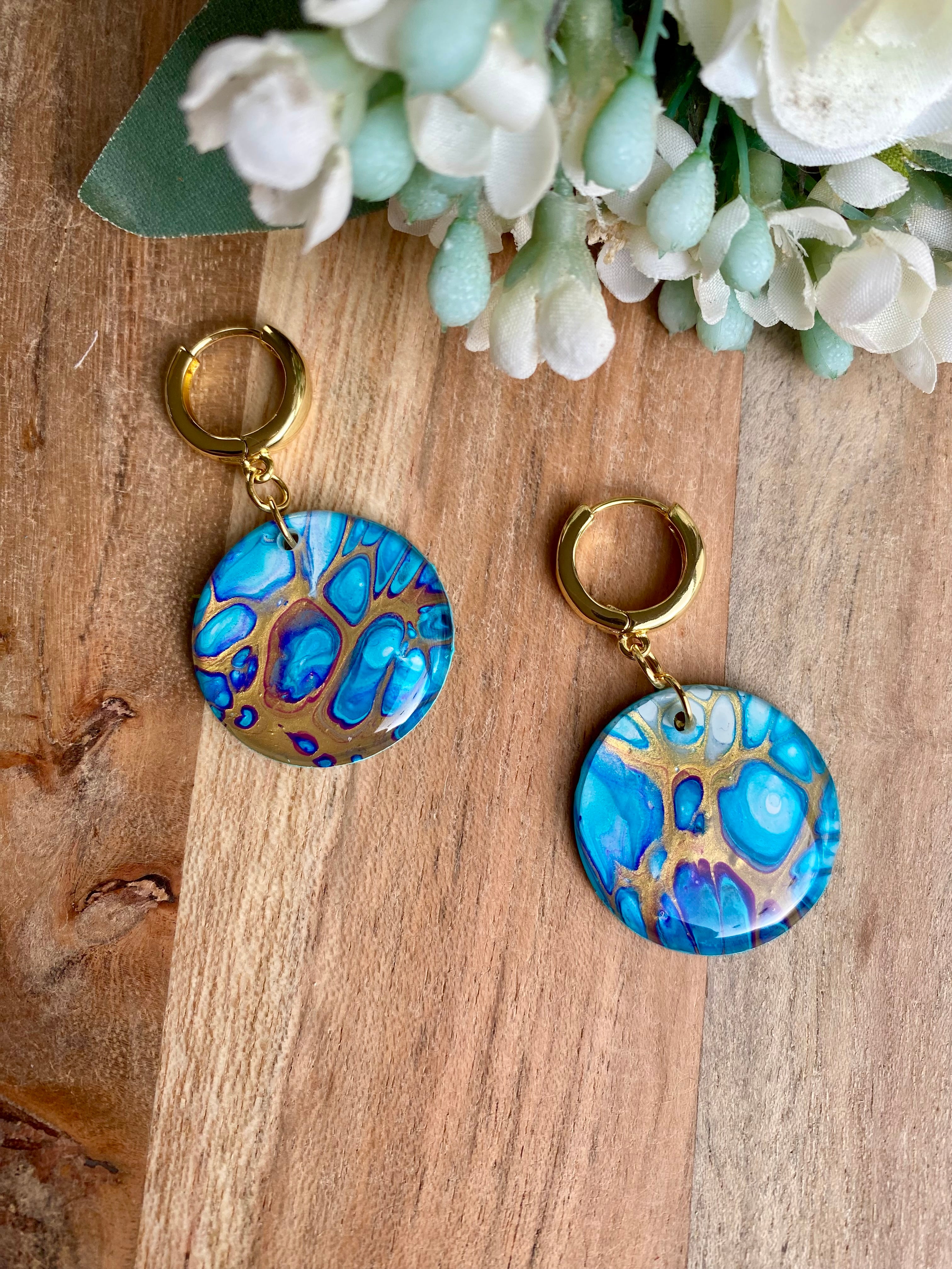 Turquoise and Gold Art Huggie Hoop Earrings