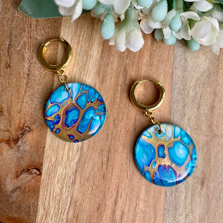 Turquoise and Gold Art Huggie Hoop Earrings