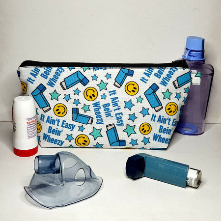 Asthma Puffer Pouch, size XL, White with Blue Inhalers, the phrase It Ain't Easy Bein