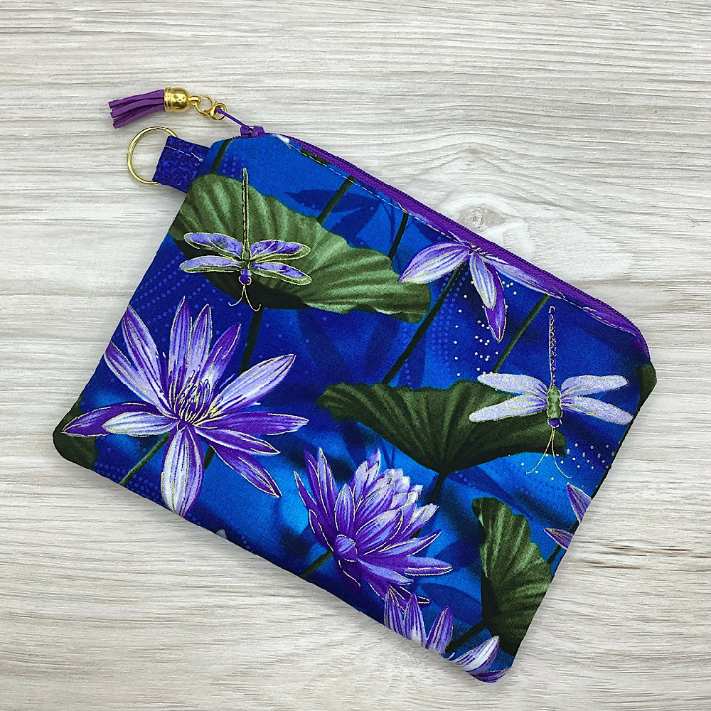 Dragonflies and waterlilies Zip Pouch (21cm x 16cm) Fully lined, lightly padded