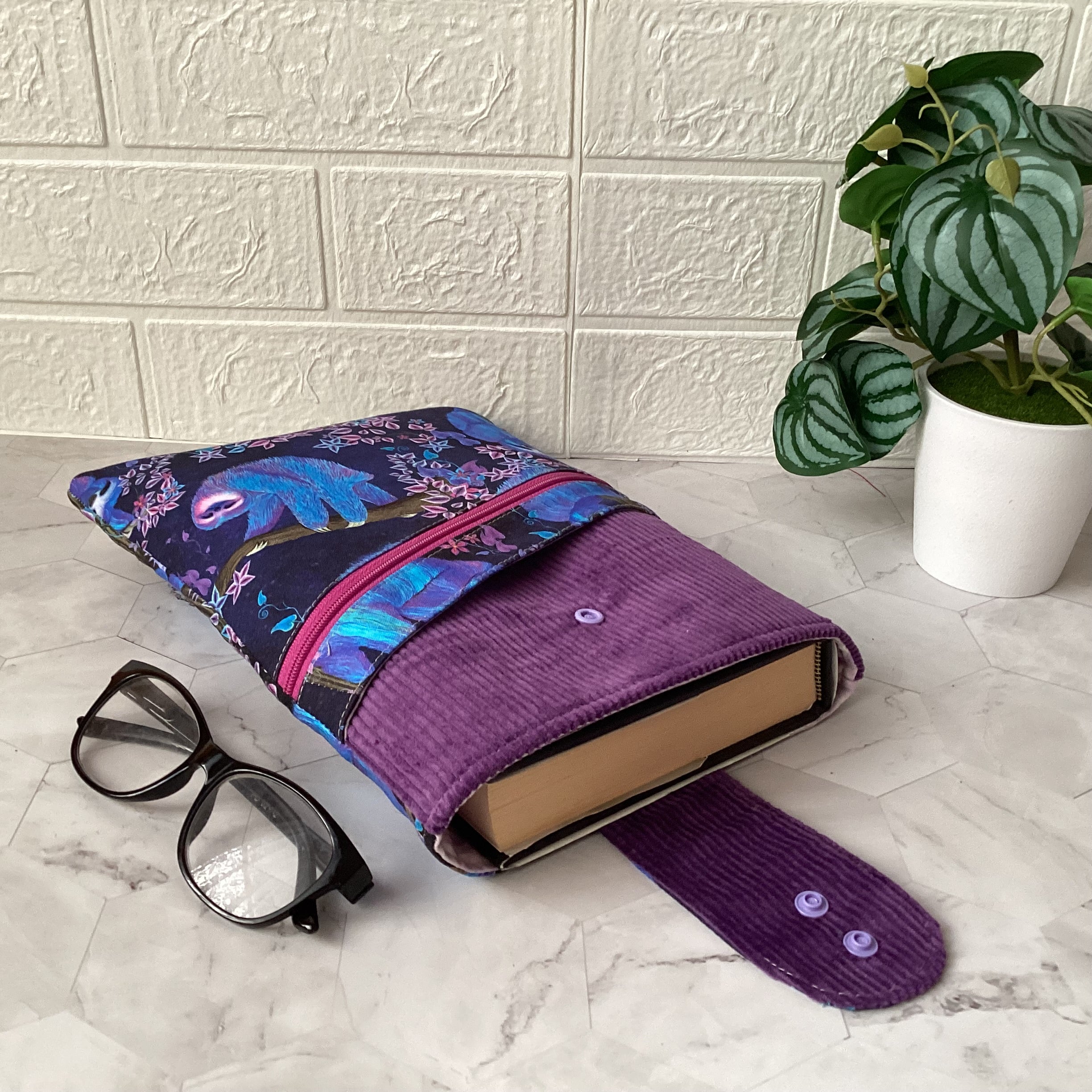 Moonlight Sloths fabric book sleeve with 2 pockets. iPad, tablet pouch