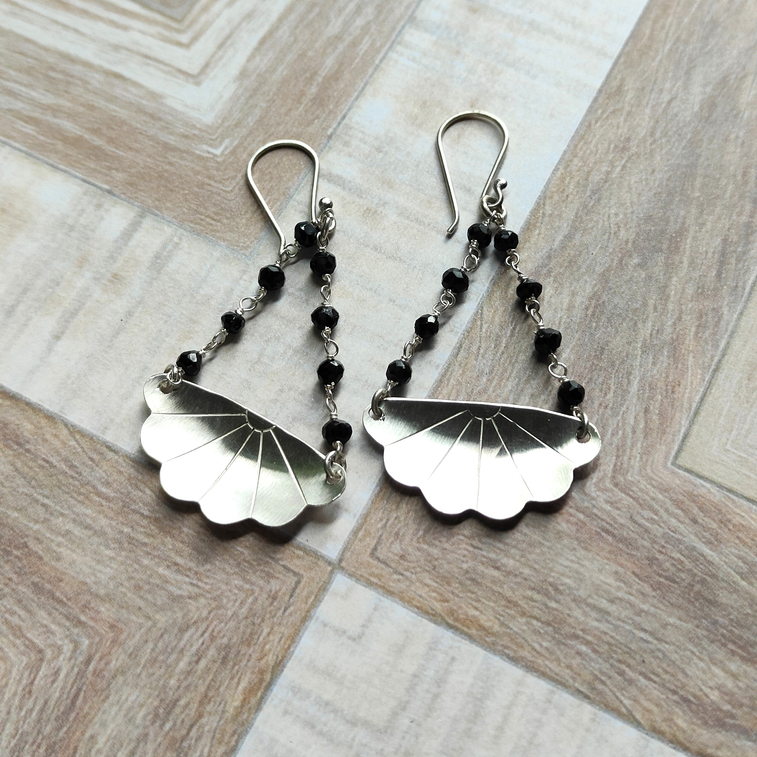 Japanese Iced Tea Spoon Earrings – Black Spinel Beads (8 each side, 6cm drop)