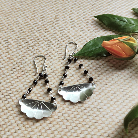 Japanese Iced Tea Spoon Earrings – Black Spinel Beads (8 each side, 6cm drop)