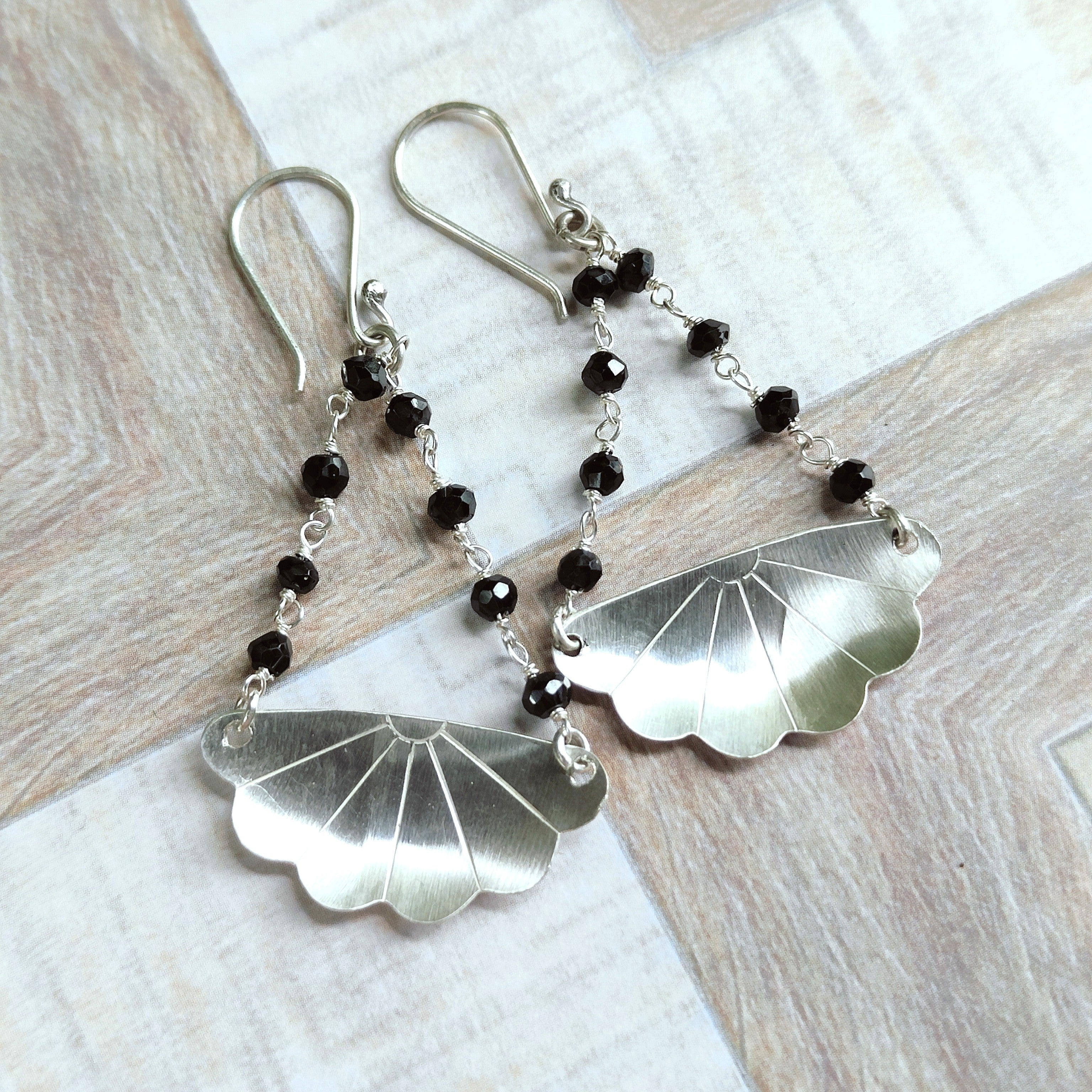 Japanese Iced Tea Spoon Earrings – Black Spinel Beads (8 each side, 6cm drop)