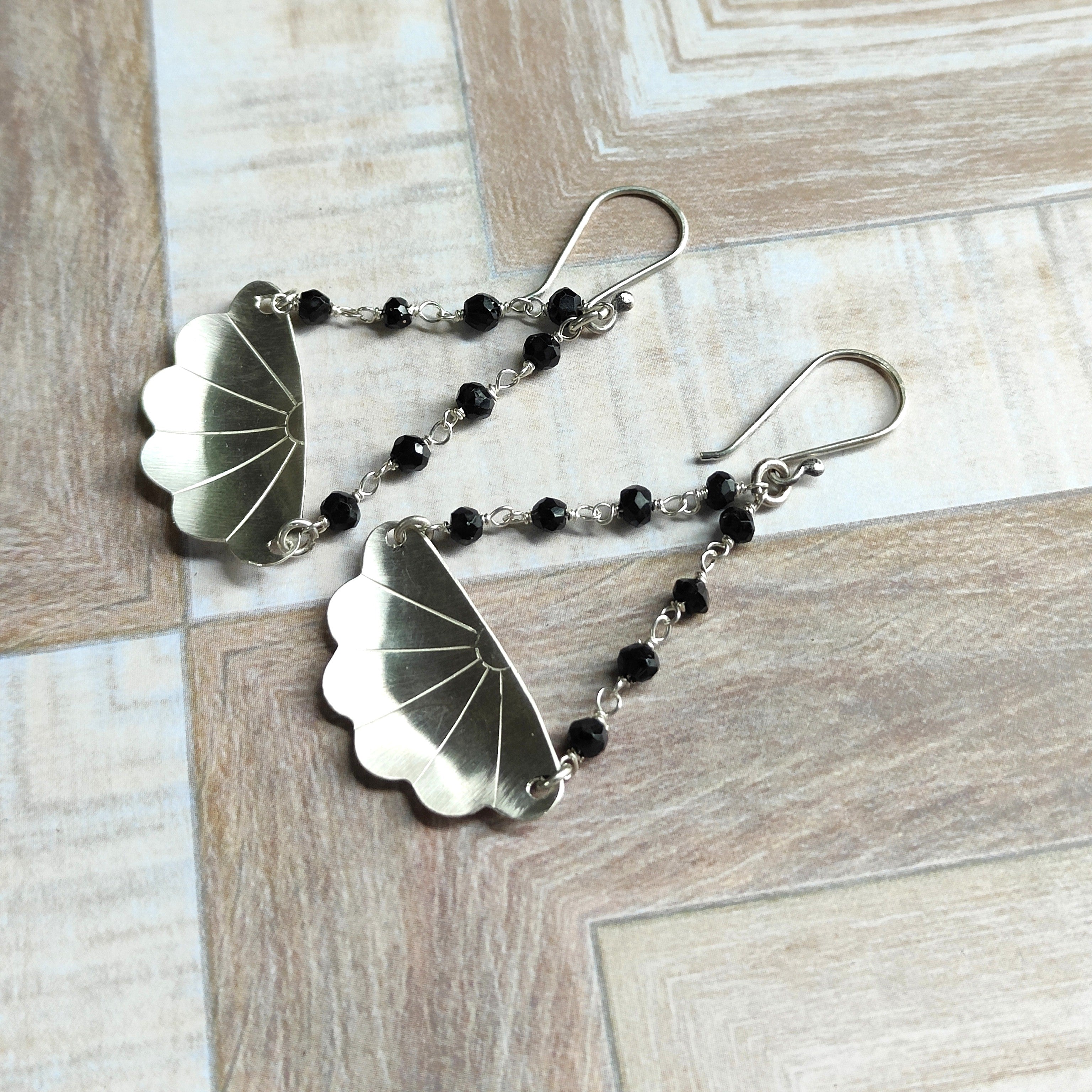 Japanese Iced Tea Spoon Earrings – Black Spinel Beads (8 each side, 6cm drop)