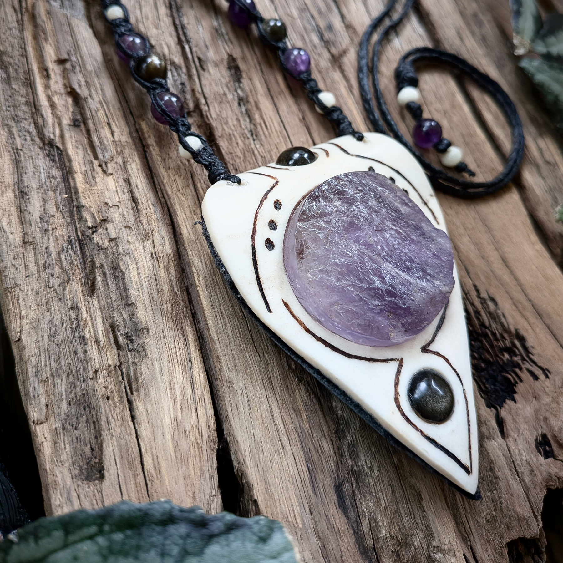 •| RAW AMETHYST | SILVERSHEEN OBSIDIAN | DEER ANTLER |• natural crystal necklace talisman