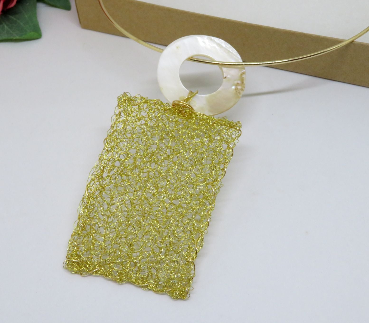 Bespoke Handmade Gold Crochet Wire Long Shell Pendant Choker Necklace