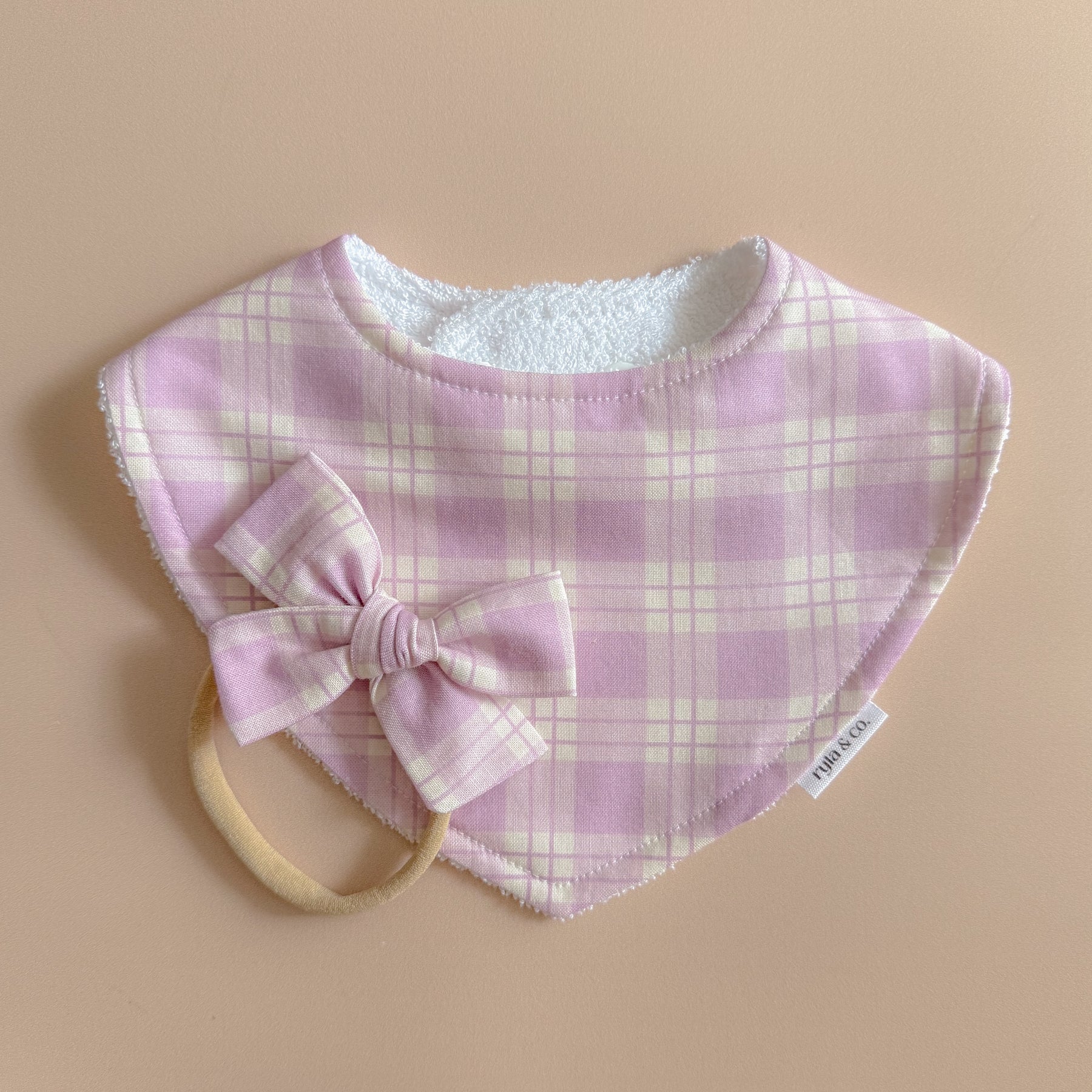 Baby bib, bow headband - Purple Plaid