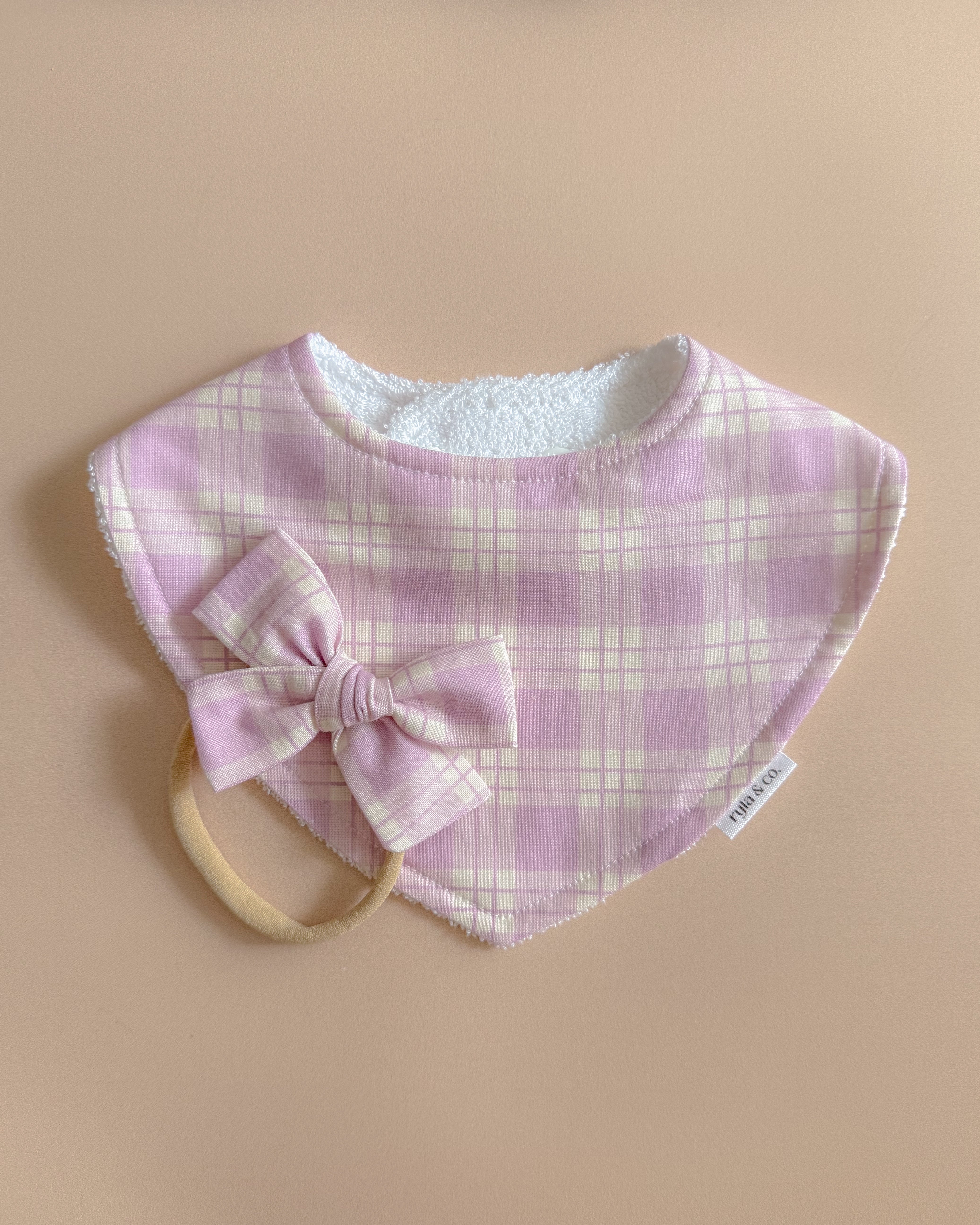 Baby bib, bow headband - Purple Plaid