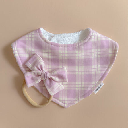 Baby bib, bow headband - Purple Plaid